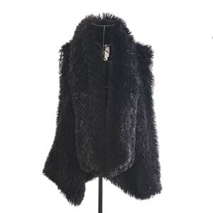 Wynne Collection Faux Fur Vest Women Medium Black Shaggy Open Front Draped Shawl